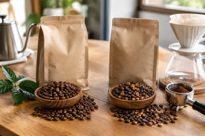 Tek kökenli kahve çekirdekleri ve harman, filtre ekipmanı ile espresso portafiltrenin yanında duruyor.