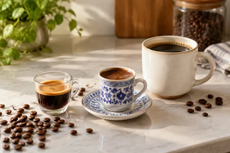 Tezgâh üzerinde espresso, Türk kahvesi ve filtre kahve fincanları ile kahve çekirdekleri