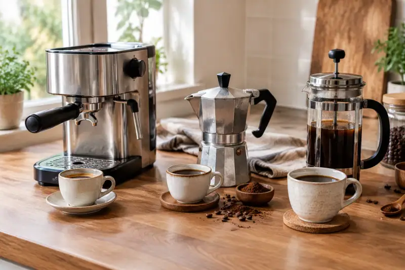 Tezgâhta yan yana duran espresso makinesi, moka pot ve pistonlu manuel kahve demleyici