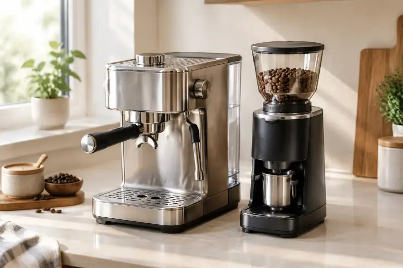 Tezgâhta yan yana duran ev tipi espresso makinesi ve kahve öğütücü