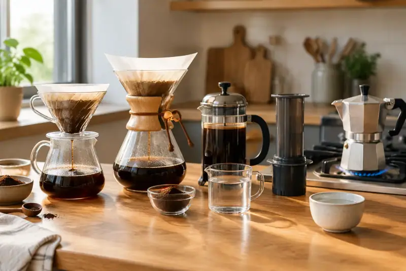 V60, Chemex, French press, AeroPress ve moka pot ile farklı kahve demleme yöntemleri