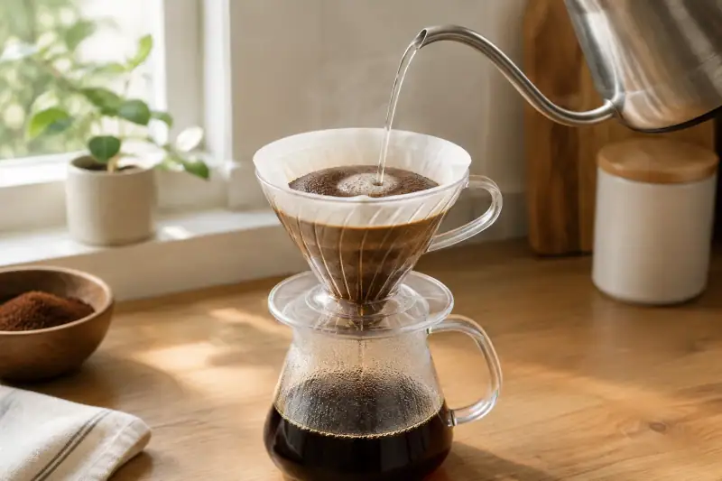 V60 dripper içindeki kahve yatağına sıcak su dökülürken