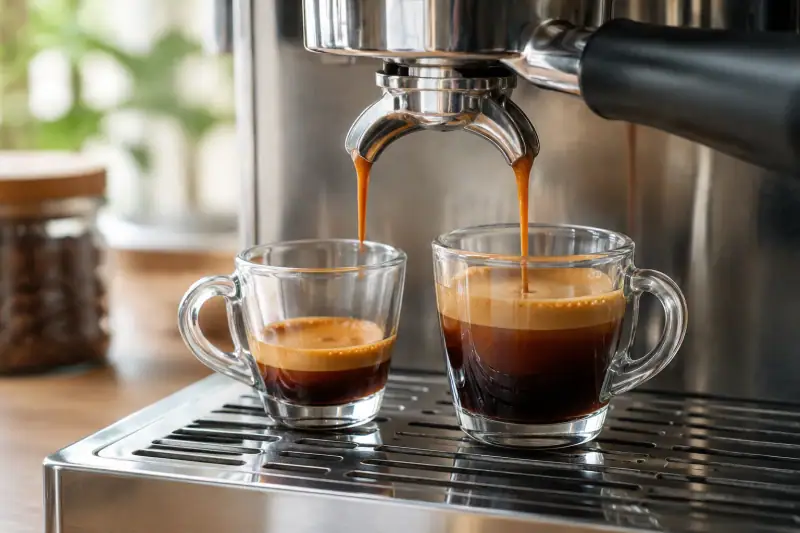 Yan yana duran küçük ristretto ve daha büyük lungo fincanları